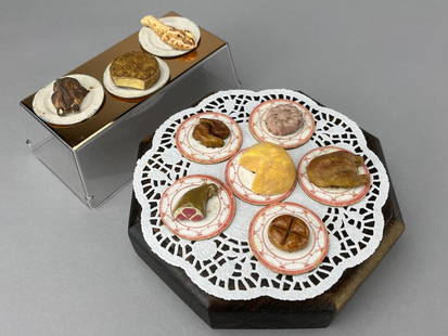 German Food On Plates, 19Th C.: 9 foods on paper plates. Larger than 1/12". Each plate is 1 3/4 x 2" diameter. Colors are vivid. Fish, meat, cheese. All in very good condition. Could be 1830+. Wood and plastic stands