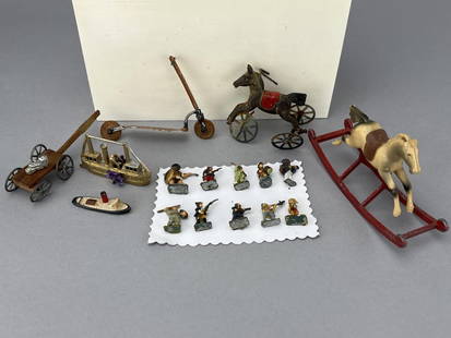 Children'S Toys, 8, 1980-Currant: 10 Metal soldiers, metal boat, the Claremont. Small metal barge, red scooter, hobby horse on wheels, rocking horse, handmade wagon on metal wheels. Tiny metal train engine. 
