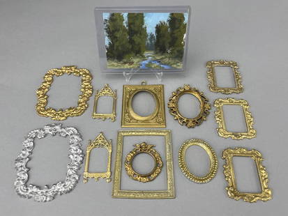Aceo #23 Oil Painting By M. Love, 2012 And 12: Frames 3 1/2 x 2 1/2 painting of trees and brook. 3 Pair of frames and 6 other assorted frames. All metal. Plastic stand for painting not included. 