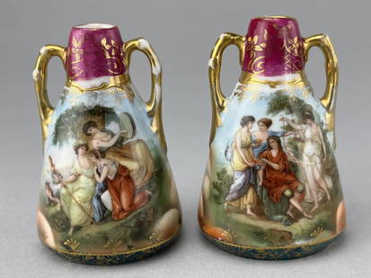 2 Royal Vienna Vases, 3": Transferware picture with hand painting on the back and applied gold trim. A pair with 2 different pictures. Can be used for garden decor or as floor vases surrounding a fireplace. 