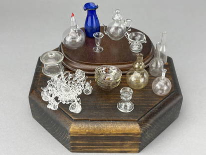 Blown Glass, Punch Bowl And Bowl Set: Unknown makers and age. Some may be 19th C. Assorted types. Hand decorated bowl set. Spun blown punch set. Royal blue beaker with chip. Wood stands used in photos not included. 