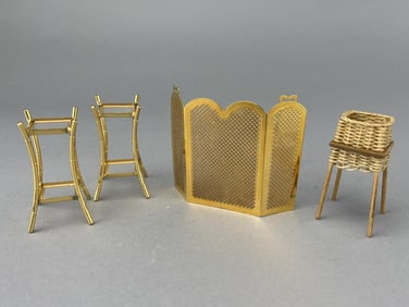 2 Brass Stands, Brass Fireplace Screen & Wicker