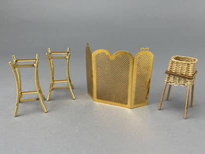 2 Brass Stands, Brass Fireplace Screen & Wicker: Wicker stand is dated 1982 and could be Wilhelmina. The 2 1/4" stands are 1970's Concord. The fireplace screen is Handley House. All are 1:12 scale.