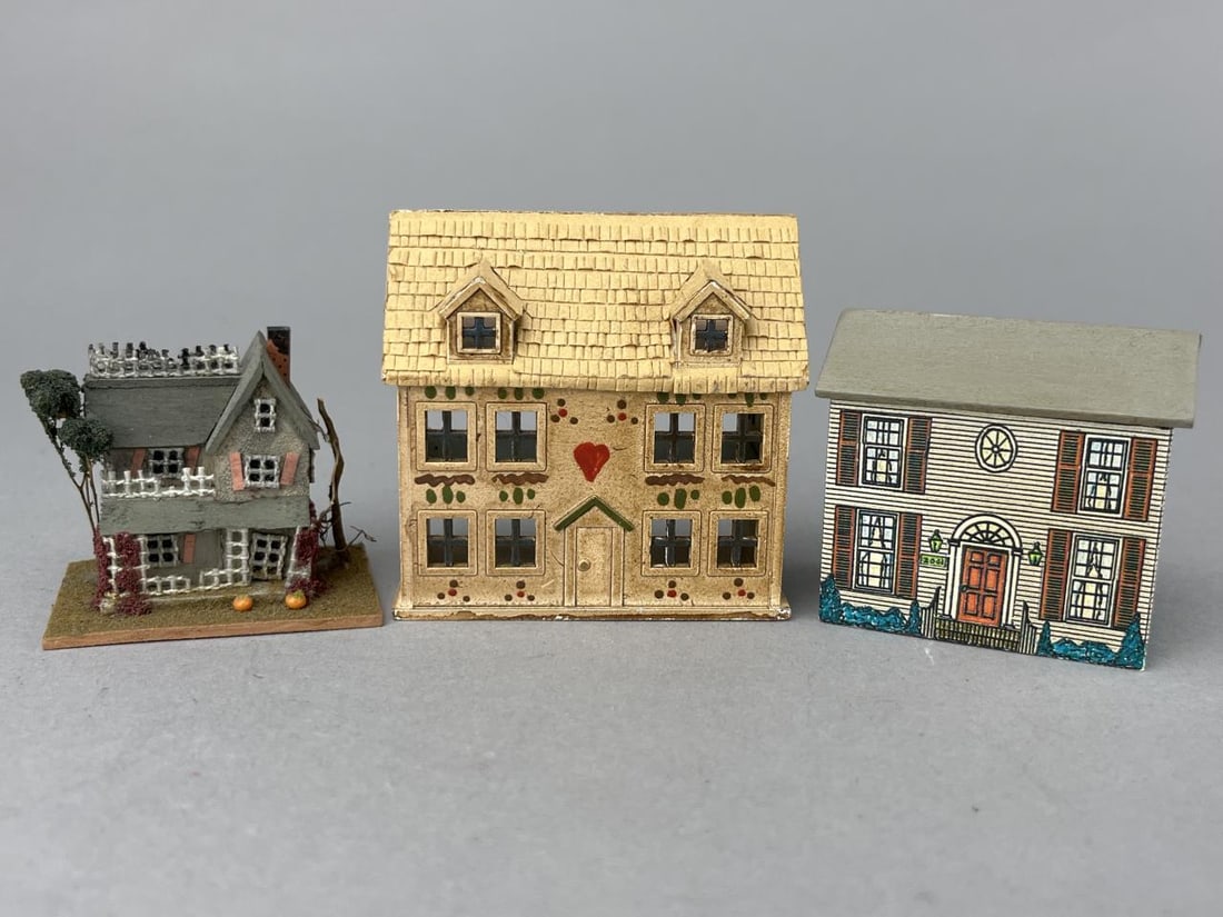 Handmade 1/12" Dollhouses For The Dollhouse: All are signed. The grey house is from the Miniature Society of Cincinnati, 1 1/2 x 1 x 1 3/4". The Haunted House is 1 3/4 x 1 1/4 x 1 3/4" tall. The Love house is 1 1/4 x 1 1/4 x 2 1/4" tall. Both op