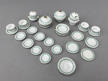 33 Pc. Porcelain Greek Key Dinnerware Set: 4 place settings that include plates, bowls, teapot soup tureen, 2 covered casseroles, 2 open vegetable dishes, 4 handleless cups. An Asian set. 