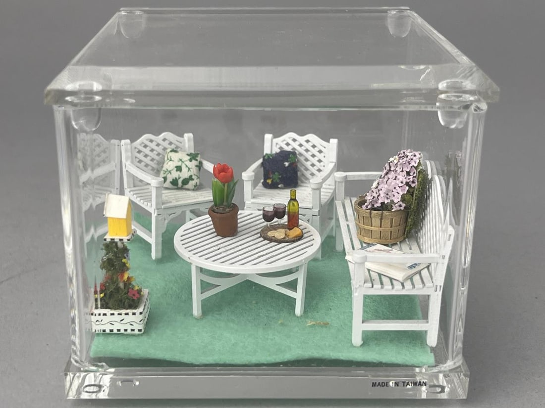 1/2" Scale Wood Patio Set And Accessories: All set up in a little display box, 4 x 4 x 3 1/2", but you can move to your favorite little beach house and use the box for M&M's! Accessories include pillows, plants, wine, magazine and birdhouse. P