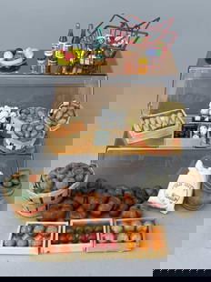 Food And Pumpkins: Potatos, canned goods, squash, oranges, onions and dukes. Also shopping basket. Plastic stands used in photos not included. 