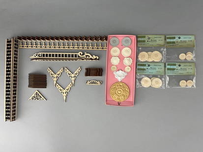Dollhouse Fretwork, Ceiling Medallions: Roof trim, corner trim, apex trim and grillwork. All new. Made by Victorian Dollhouse Woodworks. Longest pieces are 11". Unique Miniatures ceiling medallions, several sizes. Vintage 