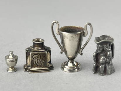 Sterling, Pewter Group Of Accessories: Loving Cup, 7/8" tall. No maker. Inkwell, marked sterling on bottom. Also hallmarks. May be sterling egg cup, no marks. Could be Aquisto or 