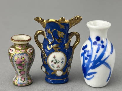 3 Porcelain Vases: Rose Medallion, Asian style blue and white, Victorian blue and gold with flowers. Age unknown. 