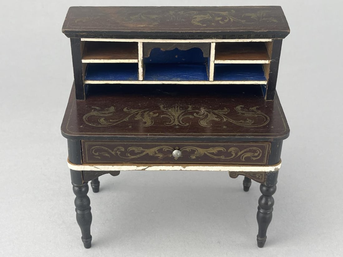 Beidemier Writing Table: German 5 x 2 1/2 x 5 1/4" tall. Beautifully stenciled. One drawer. Ca. 1840-60.
