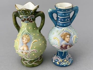 2 Japanese Portrait Vases, 2 1/2" Tall