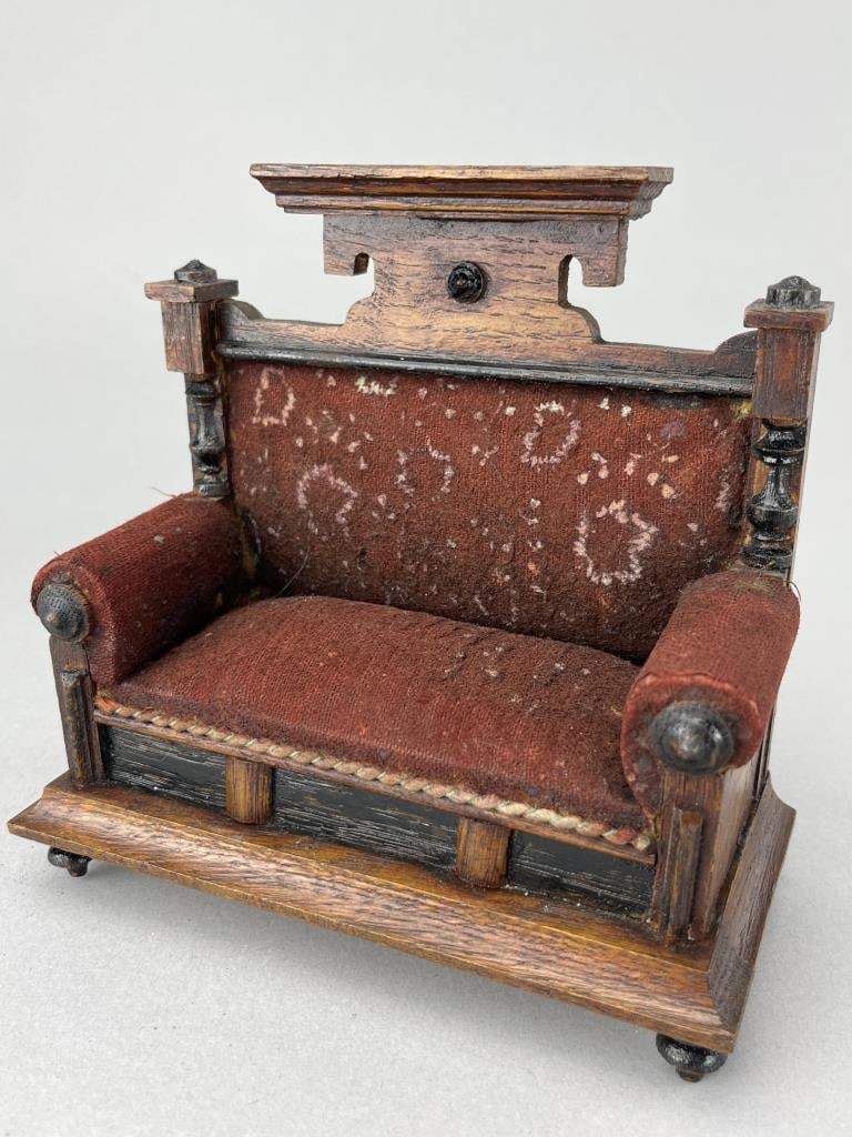 Beidemier German Platform Sofa, 1890: 8" tall x 7 1/2" wide. Upholstery is perfect in burgundy, original. Shelf on top is 3". Typical of the time. This is an exceptional piece.