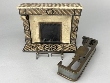 Large False Grained Fireplace, Fender And Andirons