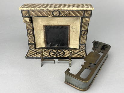 Large False Grained Fireplace, Fender And Andirons: 7 1/2 x 3 x 5 1/8" tall. Cardboard and wood. Fender is heavy brass, brass andirons. Very good condition. Early 19th C. European, German.