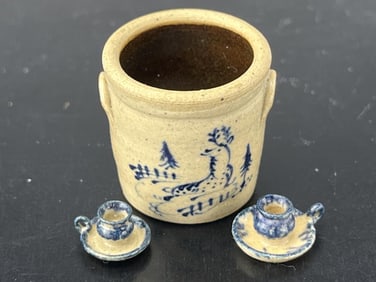 Jane Graber Pottery Crock, 2 Chambersticks.