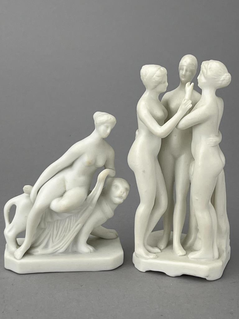 German Statues: The 3 Graces, 4". Ariadne on the Panther, 3". Made of a ceramic material. Great for your garden or entrance to your castle.