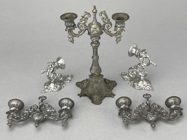 19Th C. Cast Candlestand & 2 Hanging Lamps