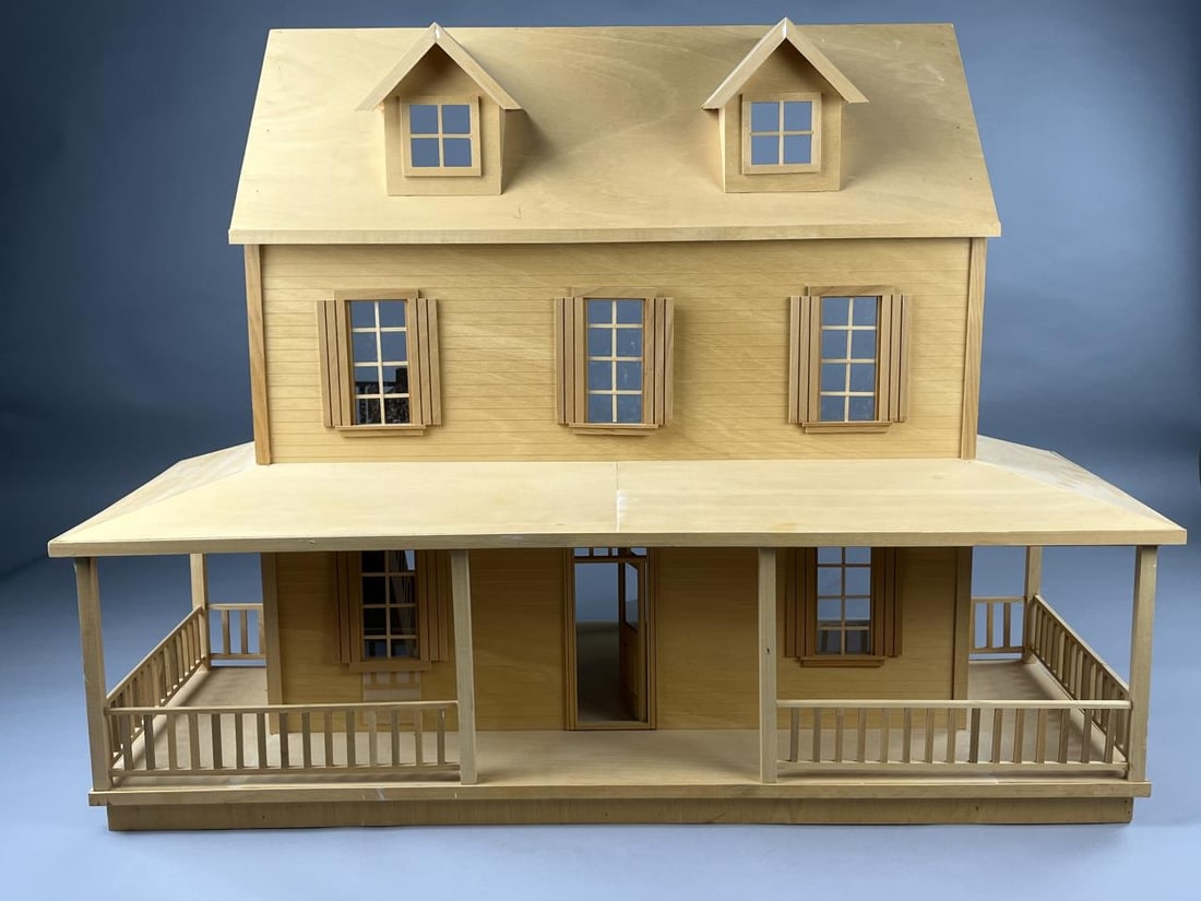 Large Unfinished Farmhouse: 37 x 20 x 29". 4 rooms with a hallway, attic and extra large wrap around porch. Could be Jack Nash. what a great porch to decorate!