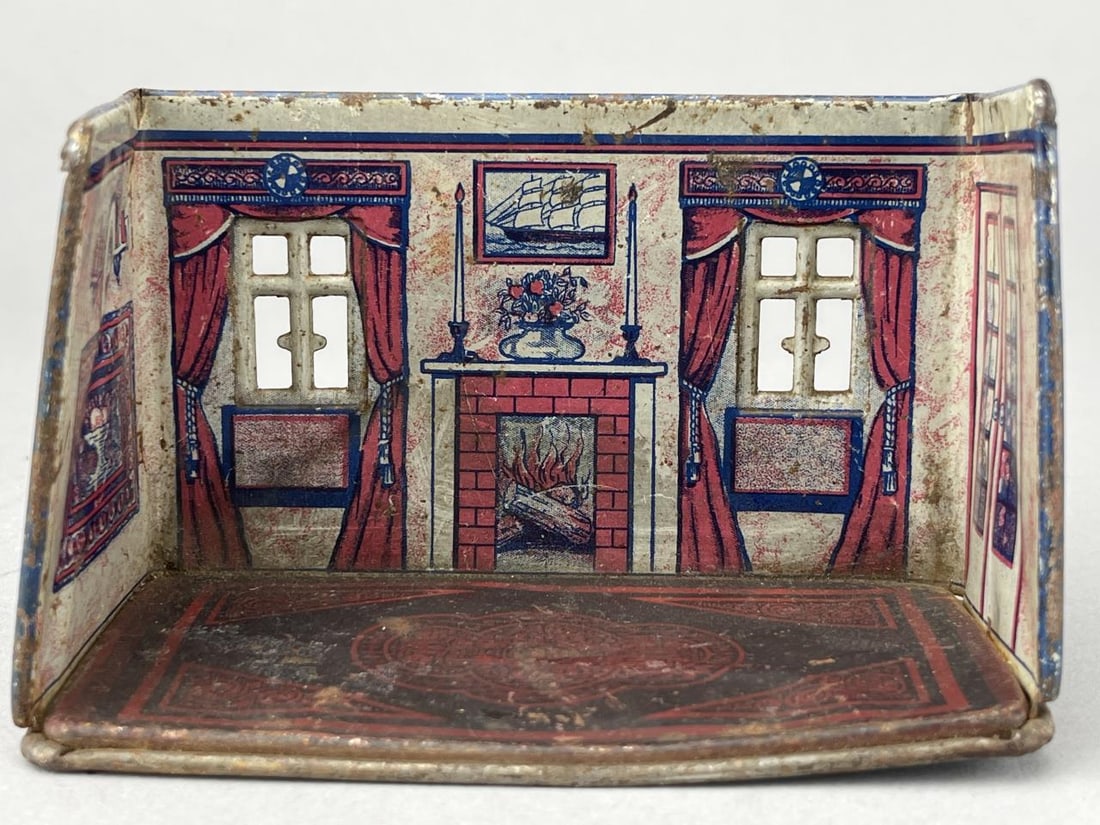 1920'S Marx Tin 1/2" Living Room: Originally came with 6 pieces of living room furniture and called the Newlywed Room. 5 x 2 1/4 x 3" tall. Very cute to decorate with 1/4" furniture.