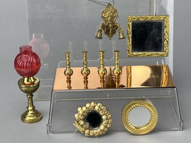 Brass Miniatures W/ Glass Dome & Banquet Lamp.