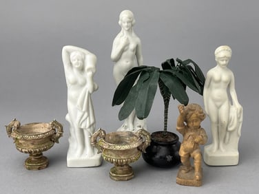 3 Bisque Statues, 2 Urns, Wooden Statue