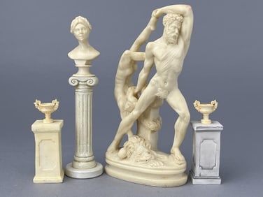 Greek Statue, Columns, Bust And Tiny Urns.