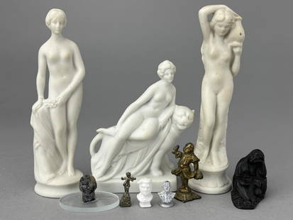 3 Tall Sculptures & Other Art: Venus Bathing, 4 3/4". Aphrodite at the Well, 4 3/4", Ariadne on a Panther, 3 1/2". 6 other small sculptures in various materials.