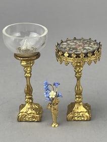 E & S Ormolu Table, Matching Lamp, Brass Flowers