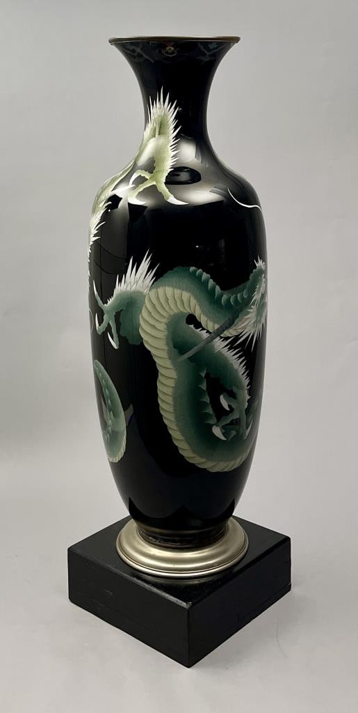Meiji Period Japanese Cloisonne Temple Vase 4': Japanese cloisonne temple vase, featuring a green dragon on a black ground, atop a turned metal base, Meiji Period (1868-1912), 46-1/2" (H) without wood base which adds another 5".