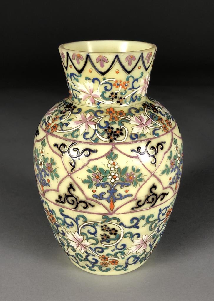 Thomas Webb Moroccan Tapestry Art Glass Vase: Thomas Webb & Sons (English) Moroccan tapestry enameled art glass vase, circa late 19th Century, 7-3/8" H. SHIPPING: In-House Shipping availab