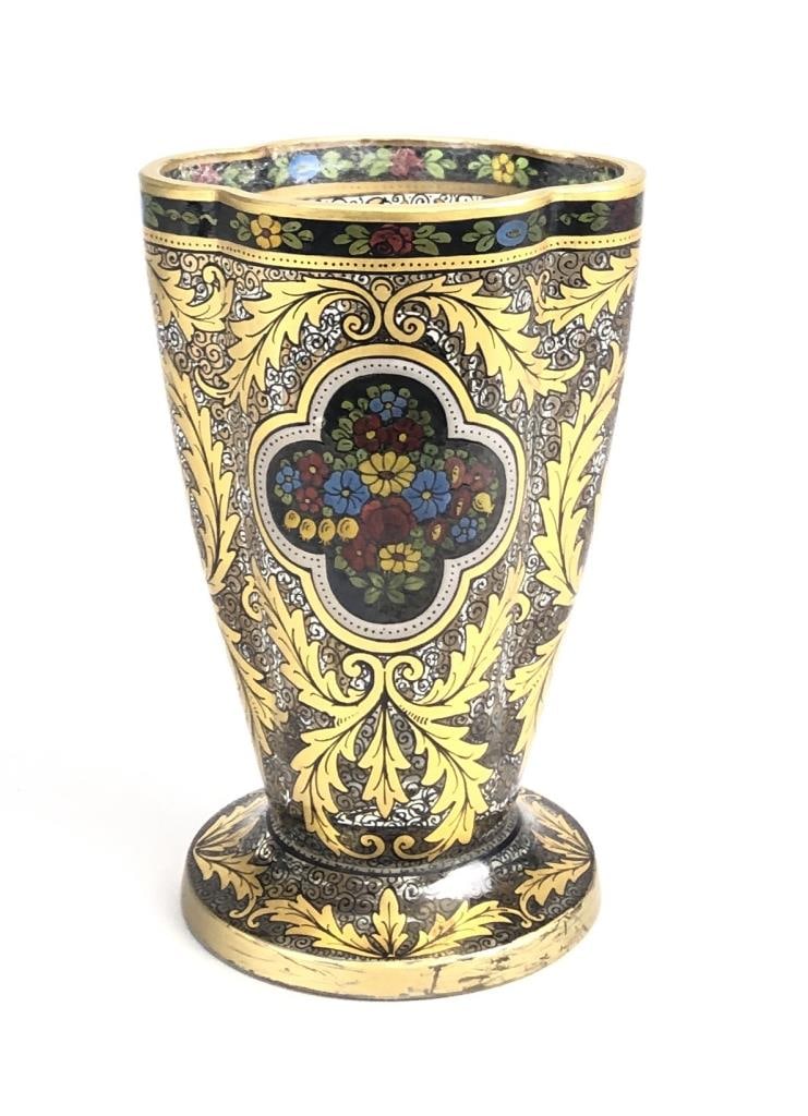 Julius Muhlhaus & Co. Enamel Quatrefoil Vase: Julius Muhlhaus and Company (Haida, Bohemia / Czech Republic) footed quatrefoil form vase, with hand painted enamel floral and leaf decoration on a spiral background, with central medallions featuring