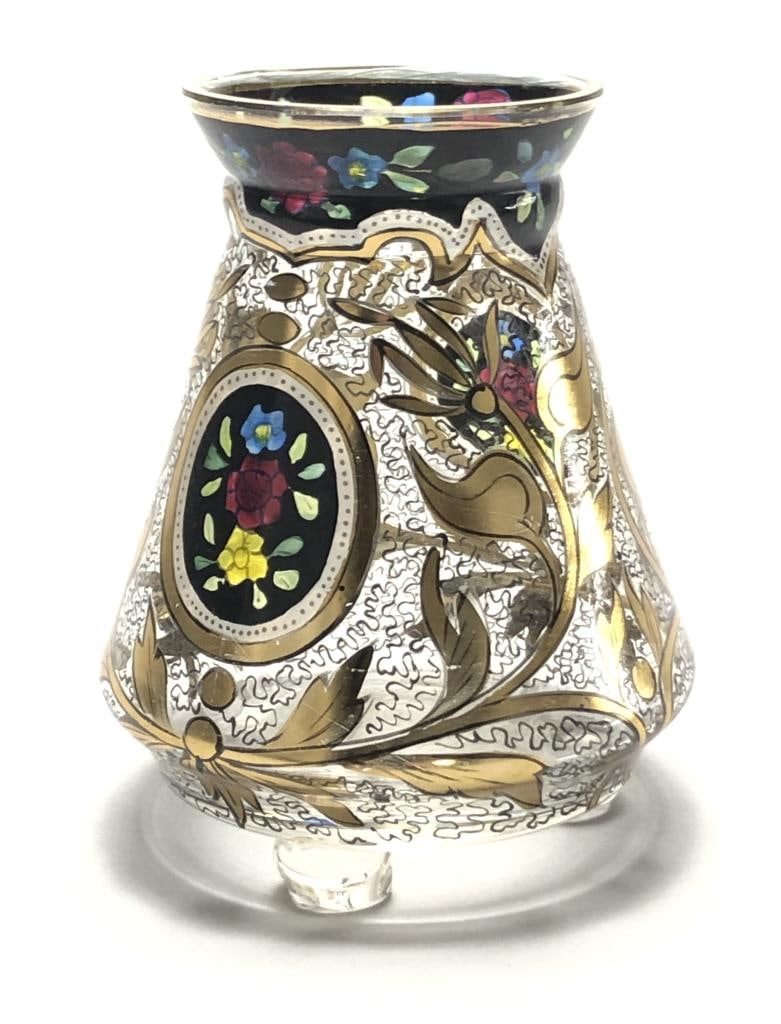 Antique Hermann Pautsch Tri-Footed Bohemian Vase: Antique tri-footed Bohemian vase with hand painted floral and leaf decoration, attributed to Hermann Pautsch (Haida, Bohemia / Czech Republic), circa early 20th Century, approximately 4-1/4" H.