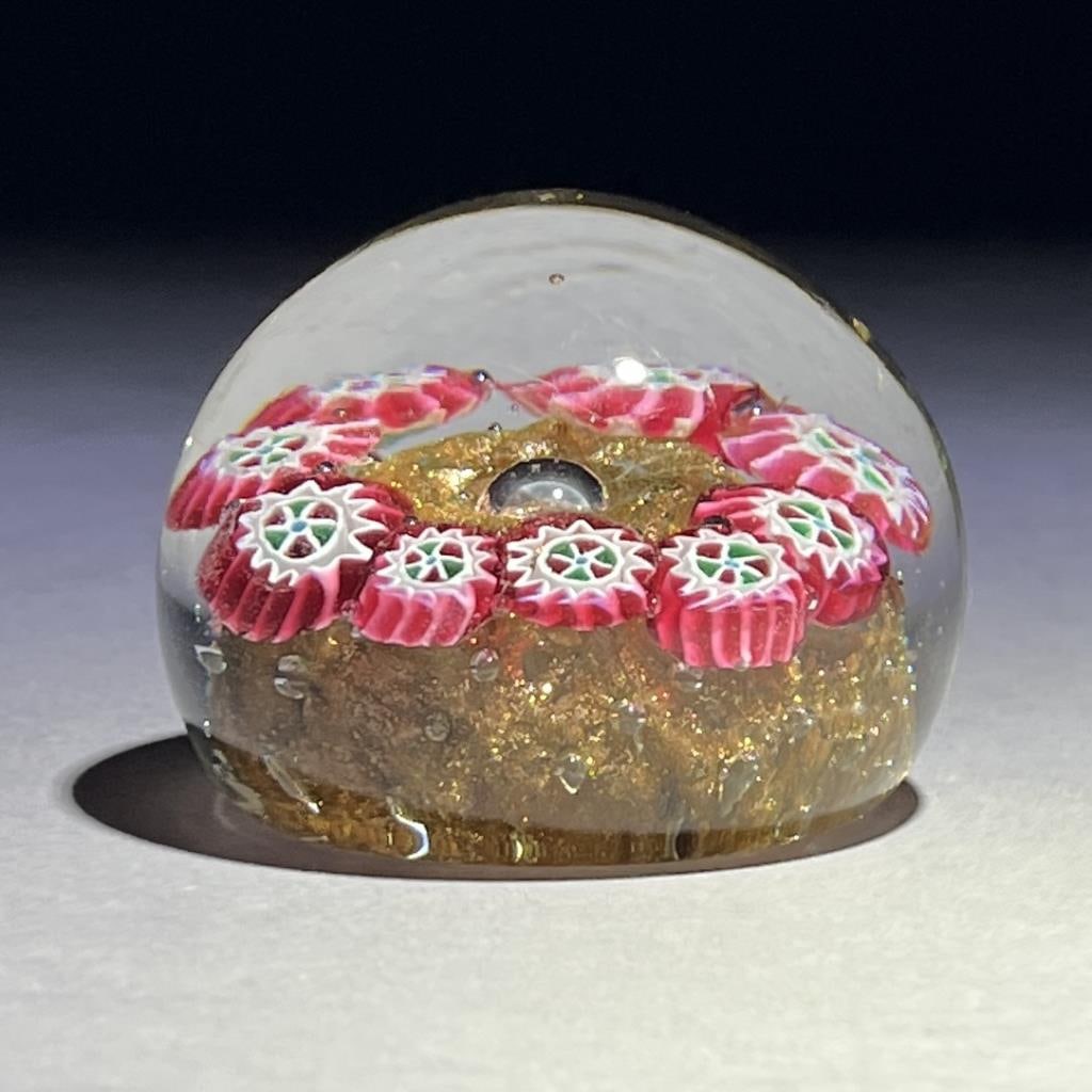 Murano Italian Art Glass Millefiori Paperweight: Murano art glass millefiori paperweight, remnants of a silver foil label for "Venetian Weil Murano Italy," circa mid 20th Century, approximately 2-1/2" (D)