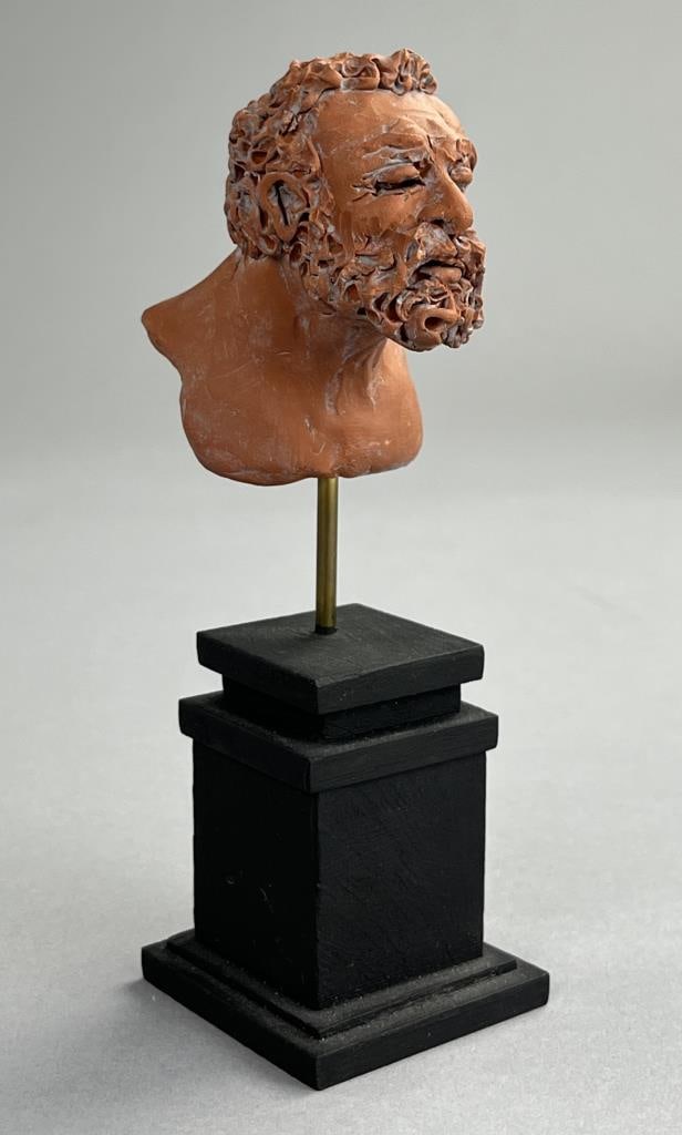 Campbell G. Paxton Flemish Hercules Figure in Red: Campbell G. Paxton (American, b. 1948), "Flemish Hercules" figure in red, "CGP" cartouche on back of figure as well as signed in manuscript on underside of base, polymer clay, fitted to a custom made