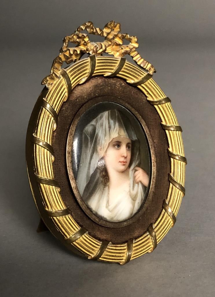 KPM Style Miniature Portrait of A Vestal Virgin: Antique miniature portrait painting on porcelain, in the style of KPM, after the 1782 Neoclassical painting, "Portrait of a Lady as a Vestal Virgin," by Angelica (Maria Anna) Kauffmann (Swiss/English/