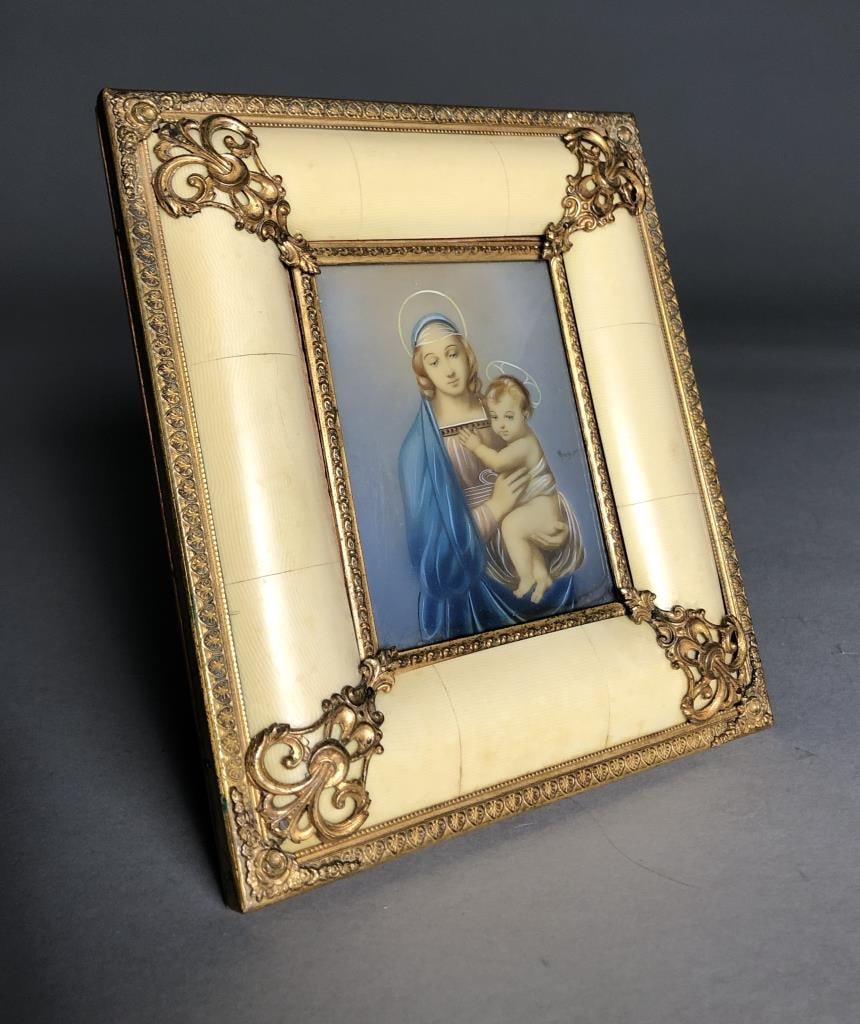 Miniature Painting of the Virgin Mary & Jesus: Antique miniature religious portrait painting, depicting the Virgin Mary and the Christ Child, possibly signed "Mayer" on the right side, in a gilt metal and celluloid frame, over a wood base and back