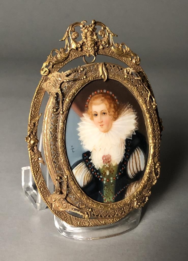 Queen Maria de' Medici Miniature Portrait: Antique miniature portrait painting, most likely of Maria de' Medici, Queen of France and Navarre, signed "V. Dyke" on left side, circa early 20th Century, in a Czechoslovakian gilt metal frame, appro