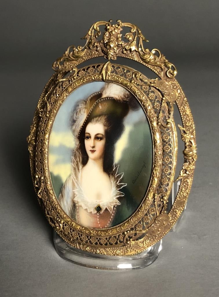 Miniature Painting Gainsborough's Mrs. Graham: Antique miniature portrait painting, after the 1775/1777 painting, "The Honourable Mrs. Graham," (also known as "The Honourable Mary Cathcart"), by Thomas Gainsborough (English, 1727 - 1788), this exa