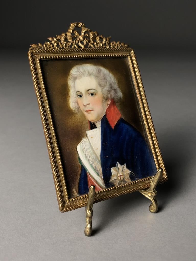 King George IV of Great Britain Miniature Portrait: Antique miniature portrait painting, most likely of George IV (British, 1762 - 1830), King of the United Kingdom of Great Britain and Ireland and King of Hanover, handwritten information on reverse ap
