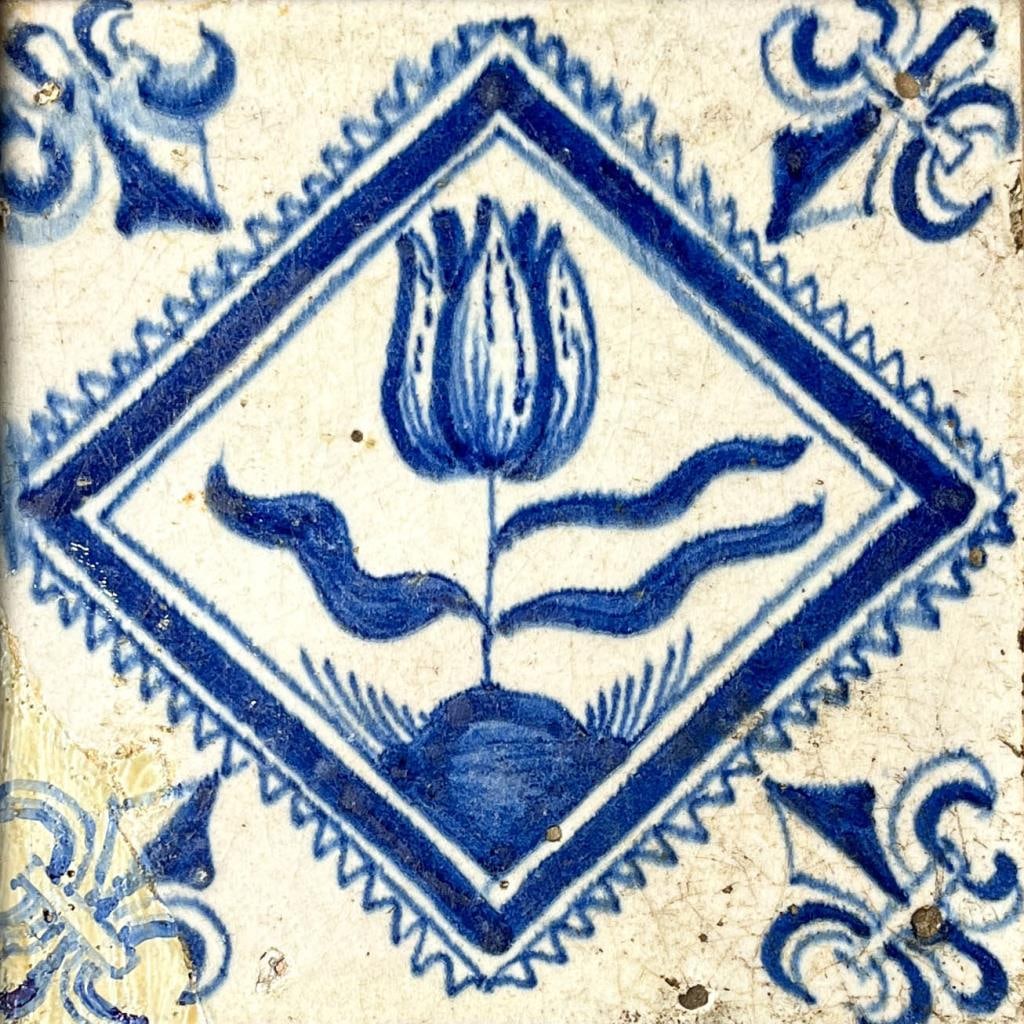 Framed Dutch Delft Blue Tulip Tile 1620s (1 of 6)