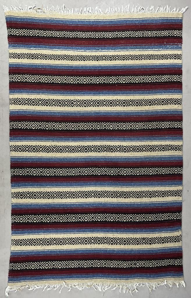 Traditional Mexican Cowboy Falsa Blanket: Traditional Mexican cowboy Falsa blanket, mixed fiber, circa mid 20th Century, approximately 78 X 49" (not including fringe). SHIPPING: In-Hou