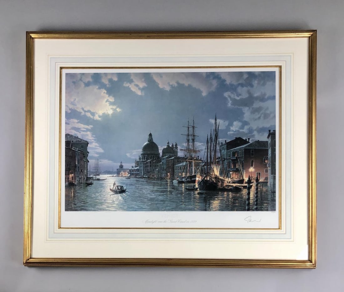 John Stobart Signed Print Venice Grand Canal 1870: Framed, signed, and numbered limited-edition print by John Stobart (British 1929 - 2023), "Venice, Moonlight over the Grand Canal in 1870," dated 1992, pencil signed lower right, numbered 660/850, in
