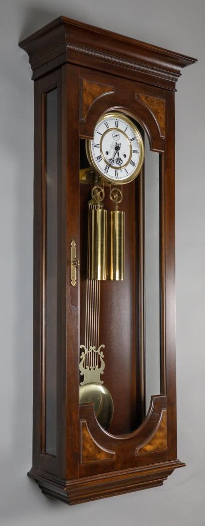 Ethan Allen Vienna Regulator Style Clock 48": Large Ethan Allen Vienna regulator style wall clock, cherry finish, German made 8-day cable driven movement (V-5) with hour and half-hour strike, includes winding key, level, and original paperwork. C