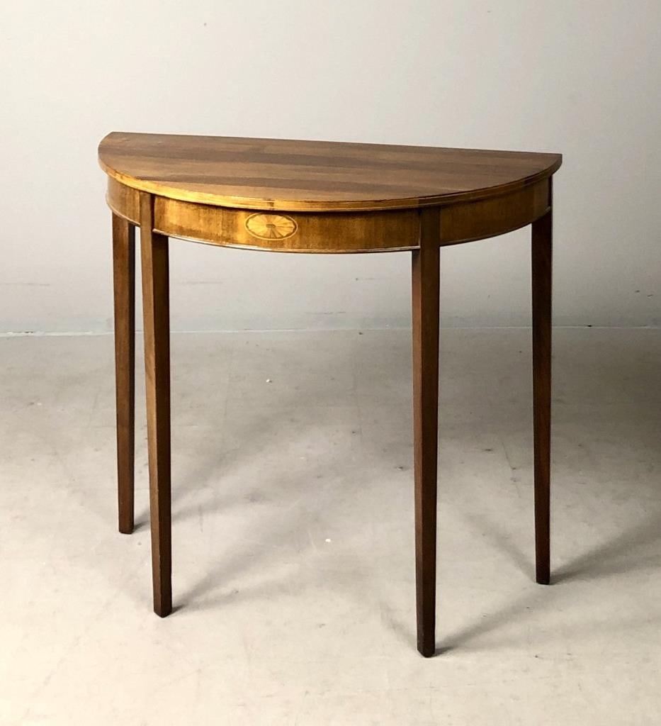 Federal Style Inlaid Mahogany Demilune Table: Federal style, demilune console table, mahogany with marquetry and banded inlay, attributable to the Columbia Mantle Company (Louisville, Kentucky), early 20th Century, 43" x 16" x 30"