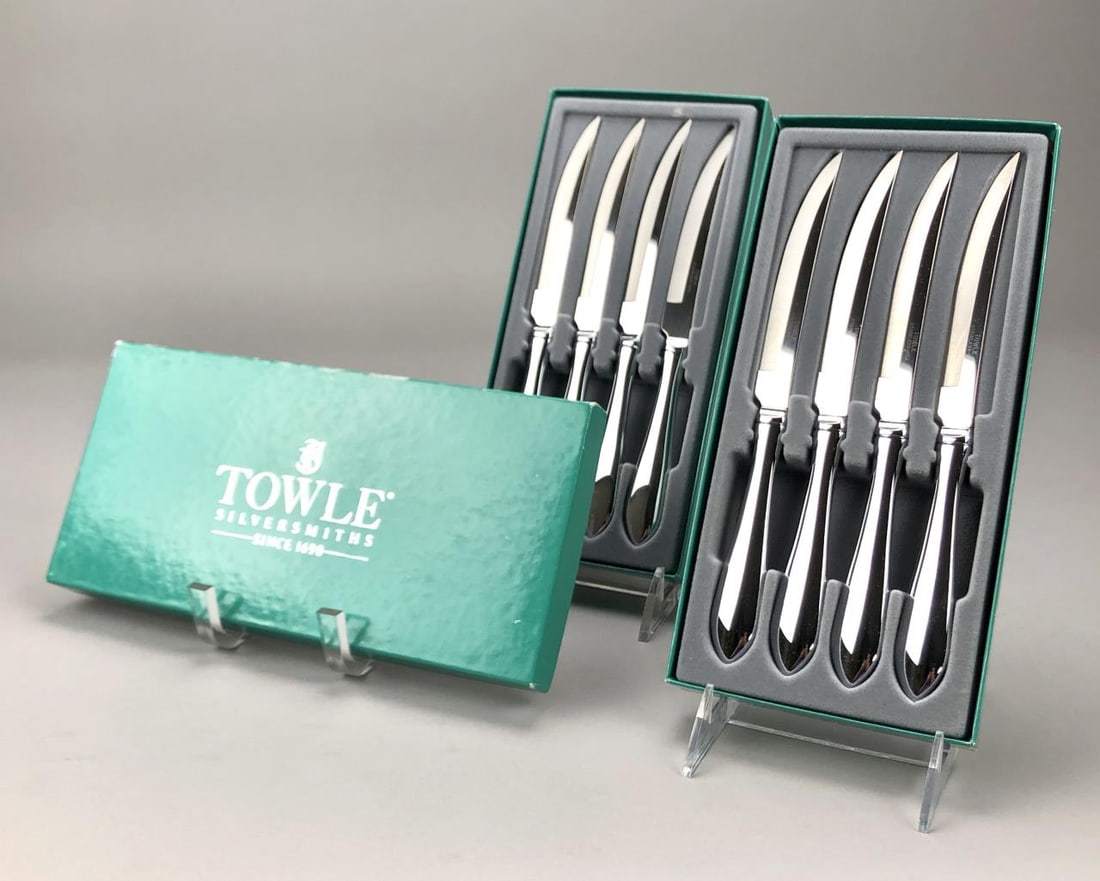 8 Towel "Boston Antique" Stainless Steak Knives: Set of eight stainless steel steak knives, by Towel Silversmiths (USA), in the "Boston Antique" pattern, which was introduced in 1980 and discontinued in 2022, in two original boxes, etched mark on ea
