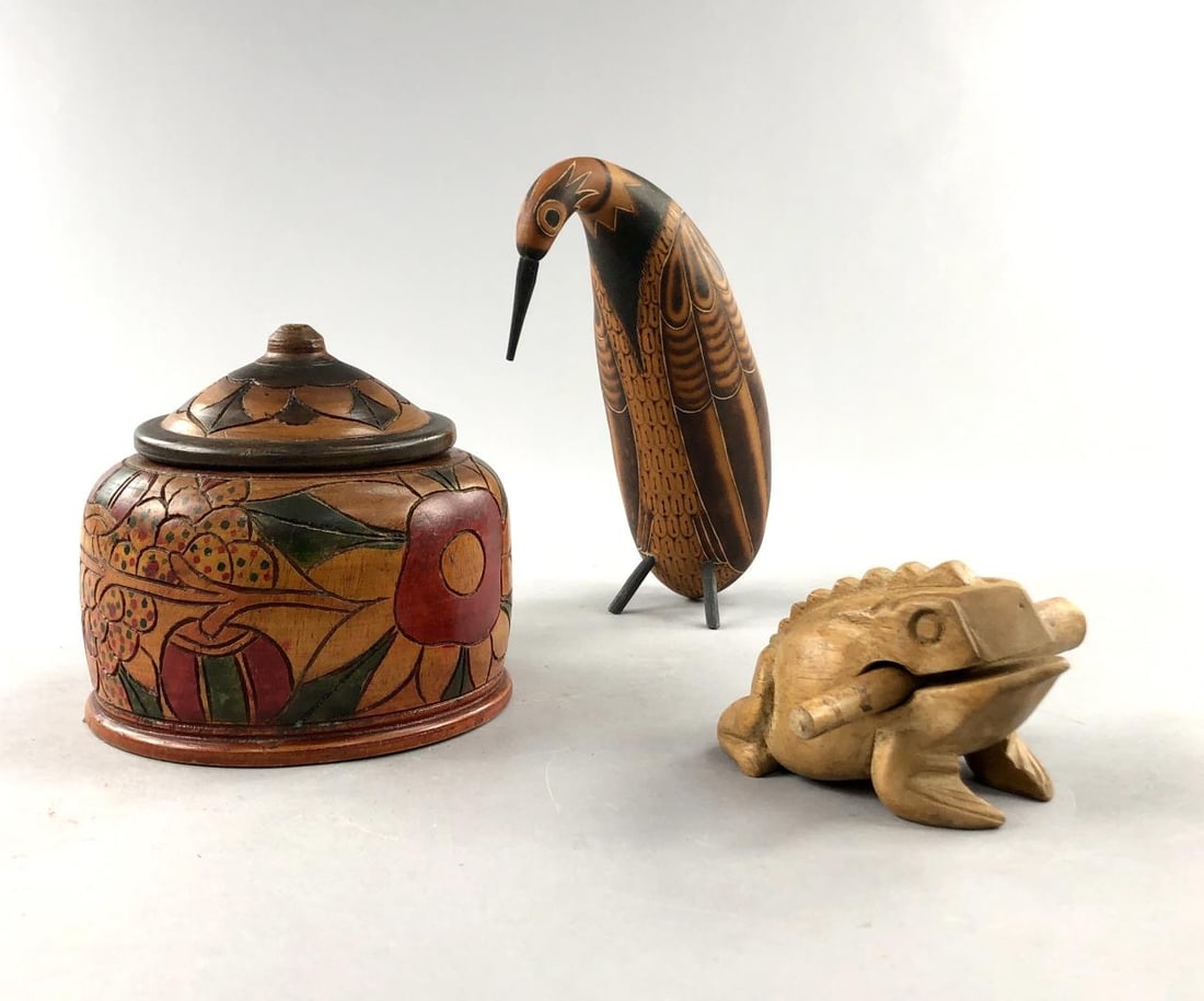 3 Caribbean Folk Art Pieces: Three pieces of Caribbean folk art: 6-1/4" (D) hand carved and hand painted turned round lidded bowl from St. Maarten; hand carved wood frog guiro from Costa Rica; and an 8-1/4" (H) hand decorated gou