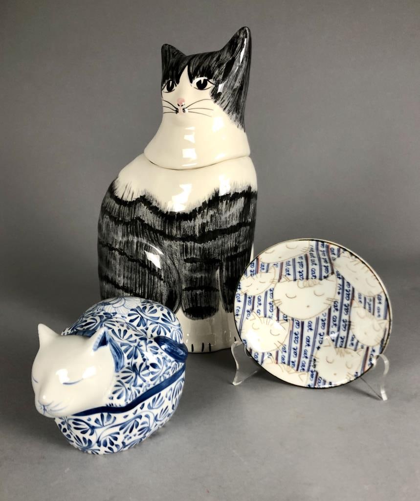 Laurie Gates Cat Cookie Jar & Cat Ceramic Pieces: Laurie Gates California Designs (USA) ceramic cat cookie jar from 2000 (13-5/8" H), blue and white covered porcelain cat trinket dish (unmarked), Japanese porcelain bowl with incised and painted cats