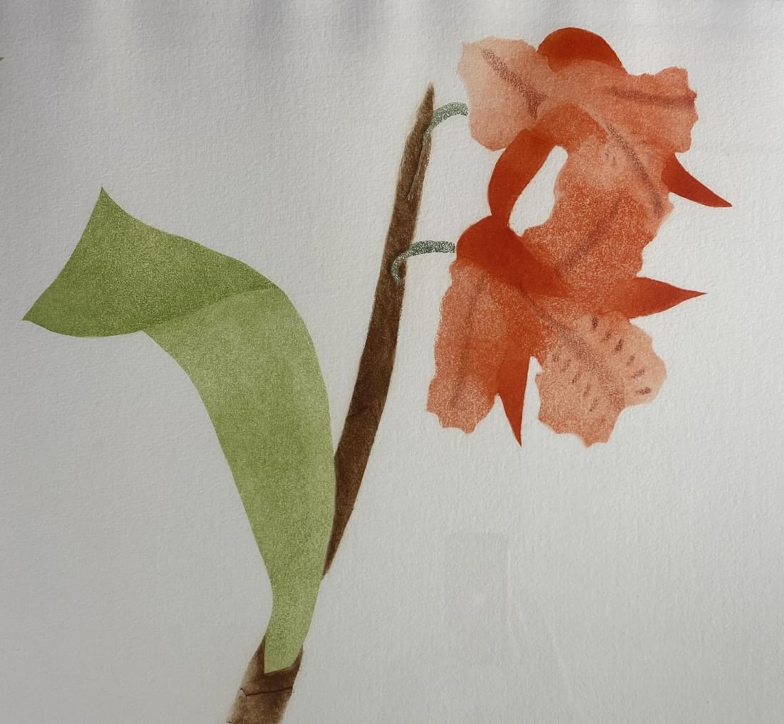 Ed Baynard Signed Aquatint Vermillion Clair Orchid: Ed Baynard (American, 1940 - 2016), aquatint print on paper, pencil signed, numbered 32/60m and dated 1980. Framed under plexiglass. Paper size 42" x 29", framed size 49" x 37".