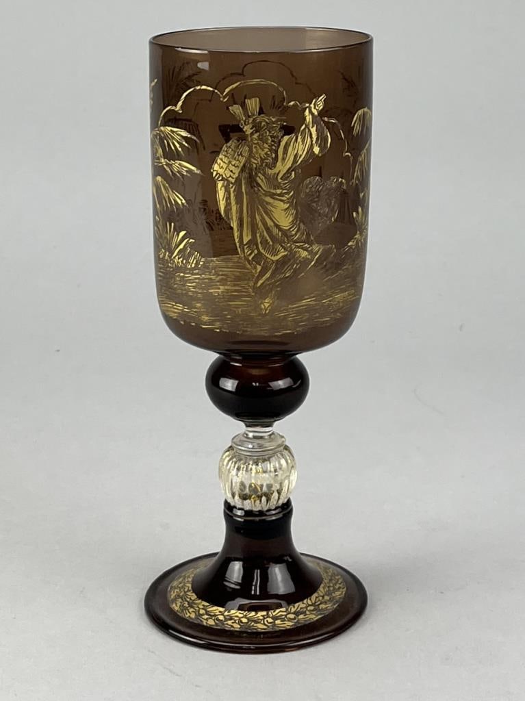 Venetian Murano Glass Judaica Kiddush Cup: Venetian Murano (Italy) glass Judaica kiddush cup, hand blown with gilt decoration, circa 20th Century, 7-7/8" (H). SHIPPING: In-House Shippin